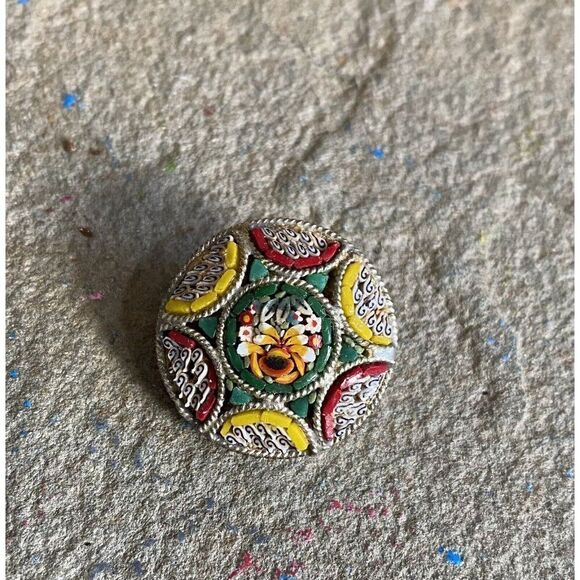 Vintage Brooch Pin Murano Glass V. Villa Italy Stamped Green Red Yellow Silver
